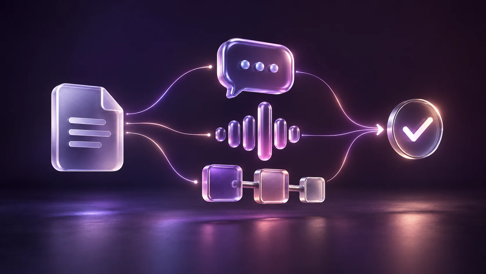 Conceptual illustration connecting business knowledge with chat, voice, and workflow actions